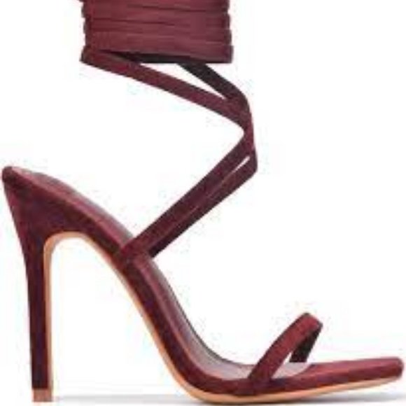 CAPE ROBBIN DIARA WRAP-AROUND ANKLE TIE BURGUNDY STILETTO HEELS 7 - Picture 1 of 6